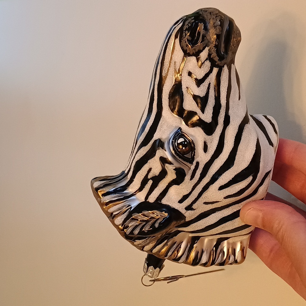 Slavic Treasures Zebra Head Ornament, Hand Blown Glass
